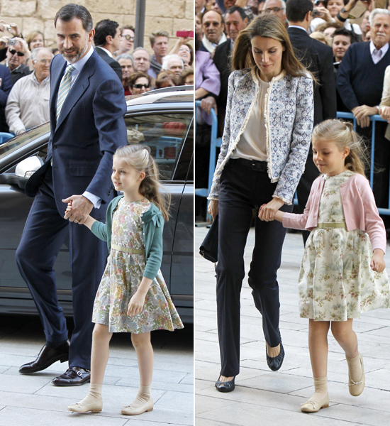 La Reina, los Príncipes de Asturias con sus hijas y la Infanta Elena asisten a la misa de Pascua en Palma