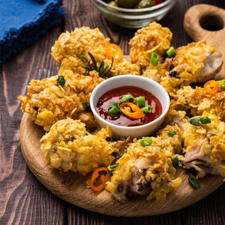 Alitas de pollo rebozadas con cornflakes y mostaza