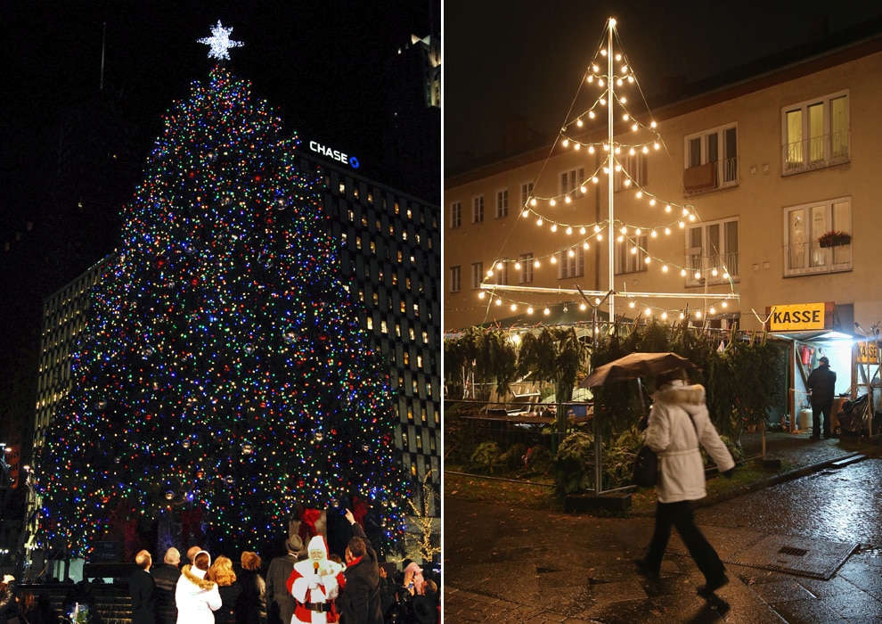 La majestuosidad del árbol de Navidad de Detroit choca con la sencillez de alguno de los árboles que adornan las calles de Berlín. 
