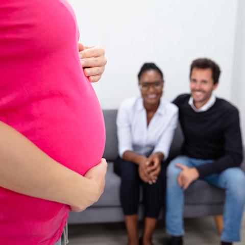 Pregnant Woman In Front Of Couple Sitting On Sofa