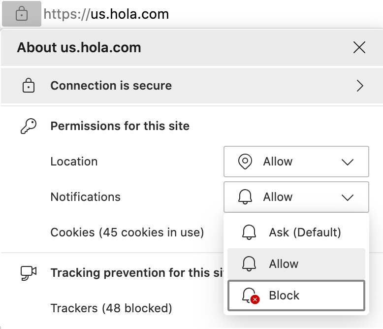 How to disable Web Push Notifications from HOLA! USA - Microsoft Edge