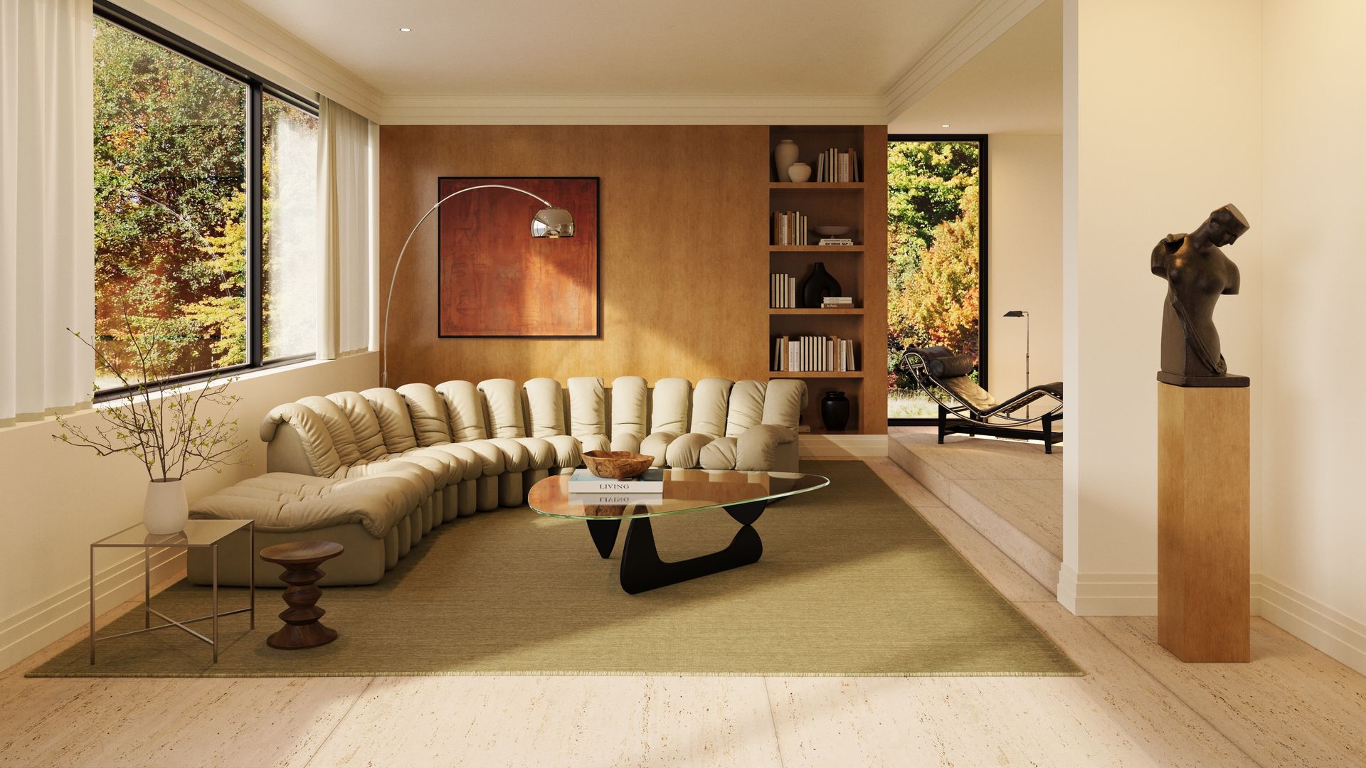 Salón con sofá beige grande y de formas curvas, lámpara de pie, escultura en pedestal, mesa de centro de diseño, cuadro en la pared