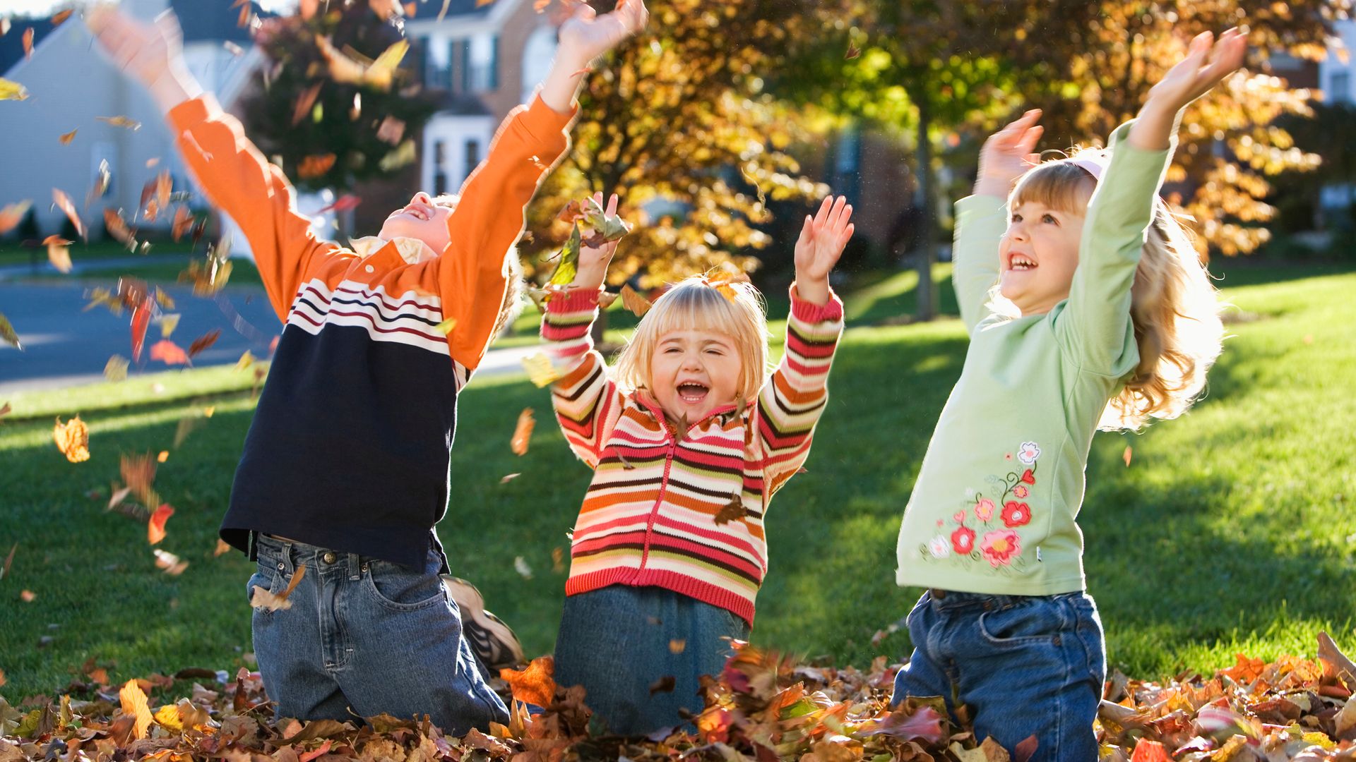 niños jugando con las hojas de los árboles al aire libre