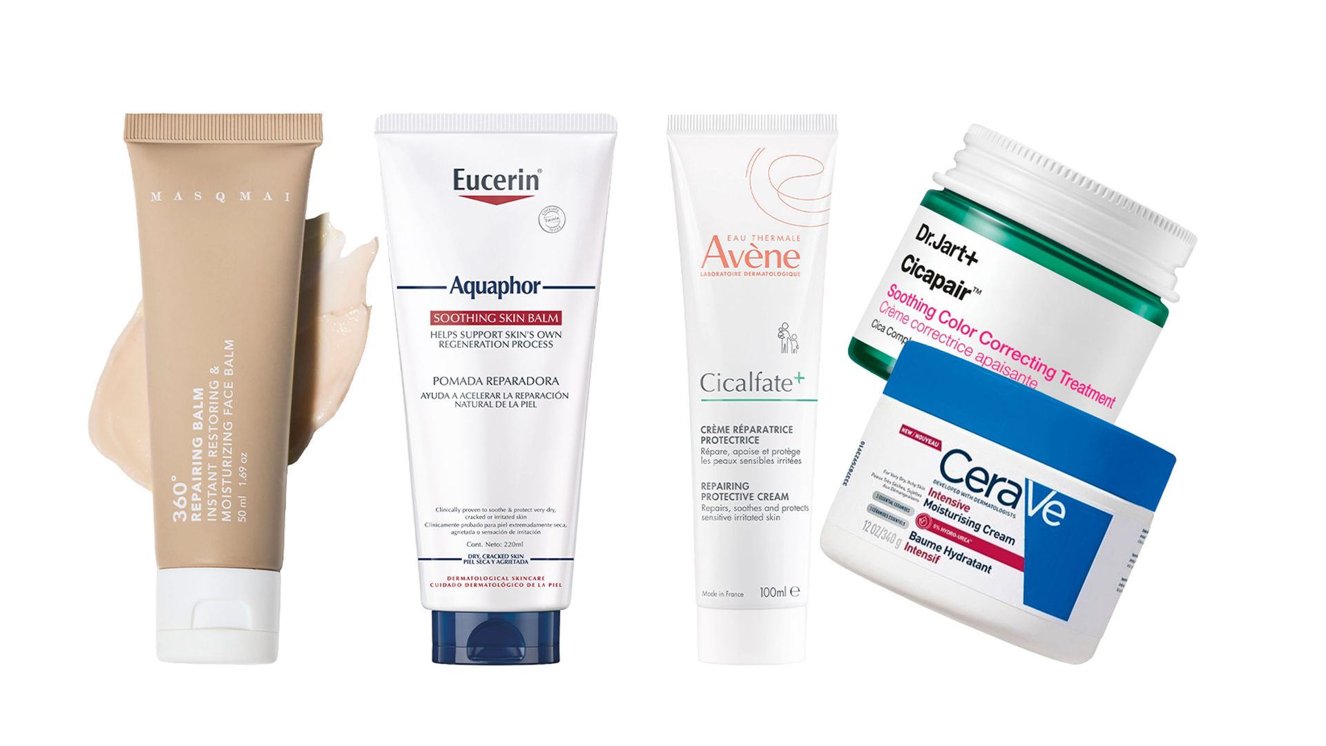 1. En bálsamo 360º Repairing Balm (27,50 €), de Masqmai. 2. Pomada Aquaphor (12,25 €),
de Eucerin. 3. Fórmula en crema Cicalfate+ (10,95 €), de Avène 4. Con color Cicapair (29,95 €),
de Dr.Jart+. 5. Para toda la familia Moisturizing cream intense (14,95 €), de Ceravé.