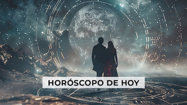 Pareja mirando el universo sobre el que aparecen los signos del zodiaco