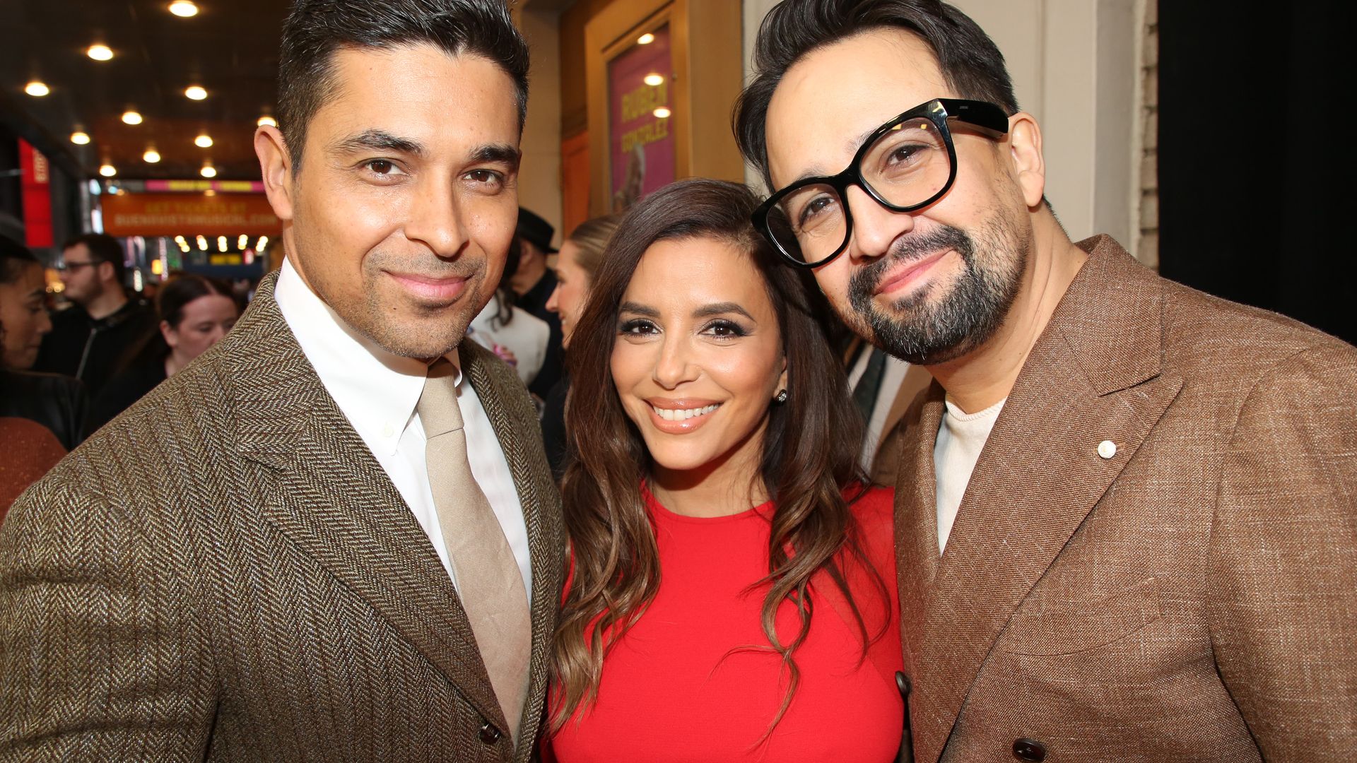 Wilmer Valderrama, Eva Longoria and Lin-Manuel Miranda pose at the opening night of "Buena Vista Social Club" at The Schoenfeld Theatre on March 19, 2025 in New York City
