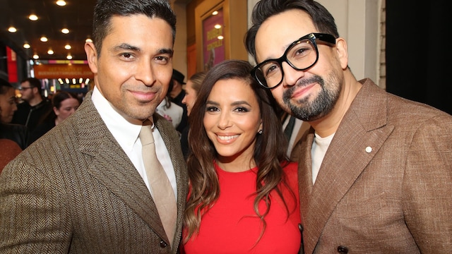 Wilmer Valderrama, Eva Longoria and Lin-Manuel Miranda pose at the opening night of "Buena Vista Social Club" at The Schoenfeld Theatre on March 19, 2025 in New York City