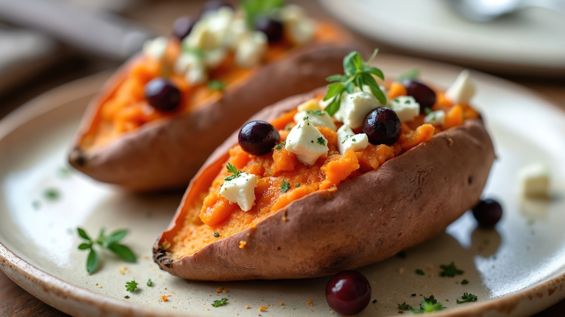 Boniatos asados con queso feta y aceitunas