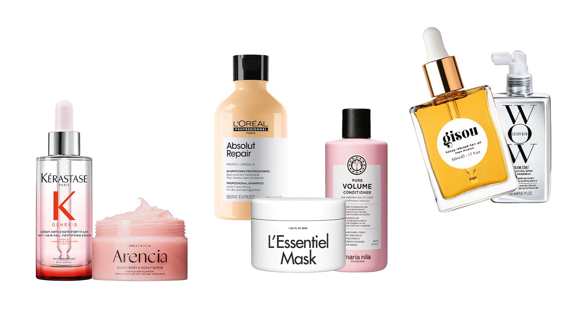 Antes: Génesis Sérum Fortificante (56,90 €), de Kérastase. Exfoliante Cloud Body & Scalp Scrub (22,99 €), de Arencia (en MiiN). Durante:
Champú fortalecedor Absolut Repair (2 €), de L’ Oréal Professionnel. Mascarilla L’Essentiel Mask (42 €), de Goa Organics. Acondicionador Pure Volume (15,50 €), de Maria Nila. Después: Honey Infused Hair Oil (40 €), de Gisou. Protector térmico y antifrizz Dream Coat (29 €), de Color WOW