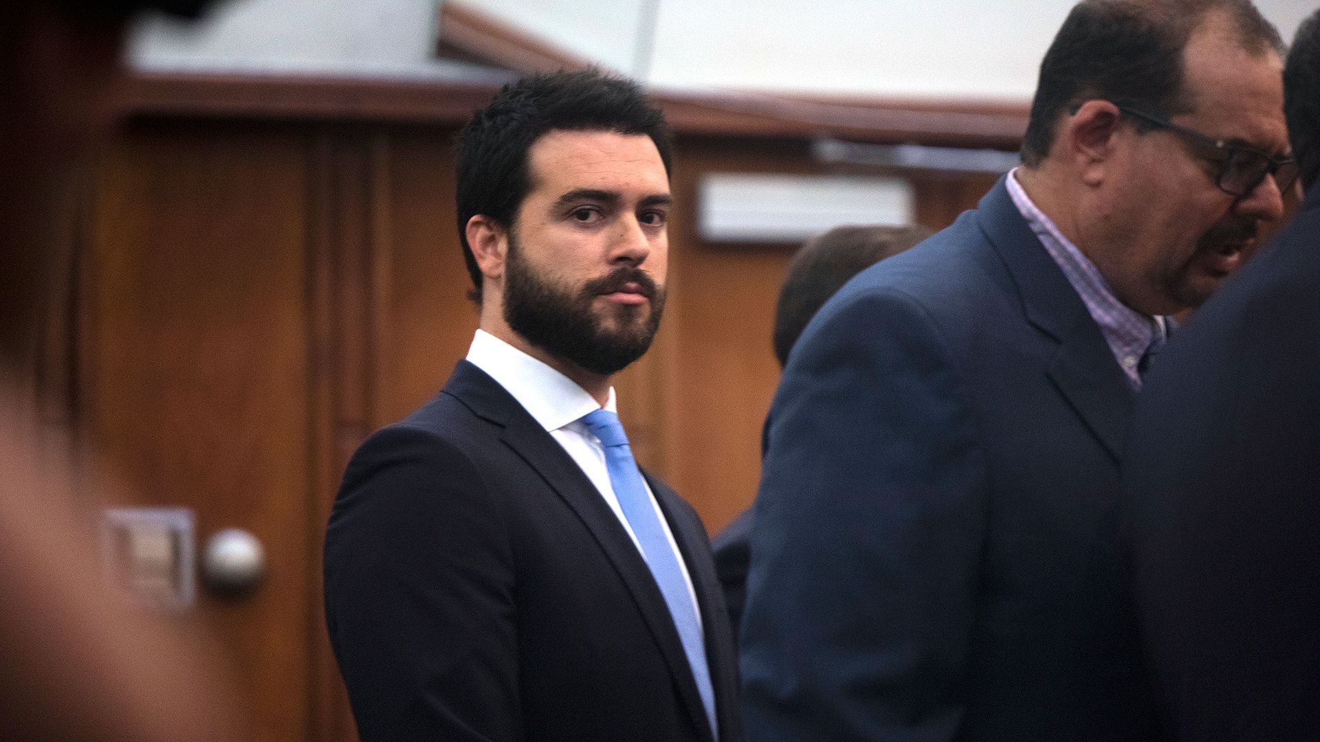 Mexican actor Pablo Lyle alongside his attorneys in front of Judge Marlene Fernandez-Karavetsos at Richard E. Gerstein Justice Building on Wednesday, Jan. 15, 2020 in Miami. (Alexia Fodere/Miami Herald/Tribune News Service via Getty Images)