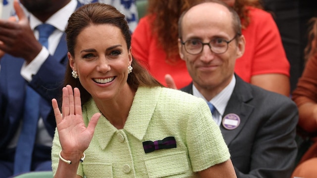 Britain's Catherine, Princess of Wales arrives on Centre Court for the women's singles final on the thirteenth day of the 2023 Wimbledon 