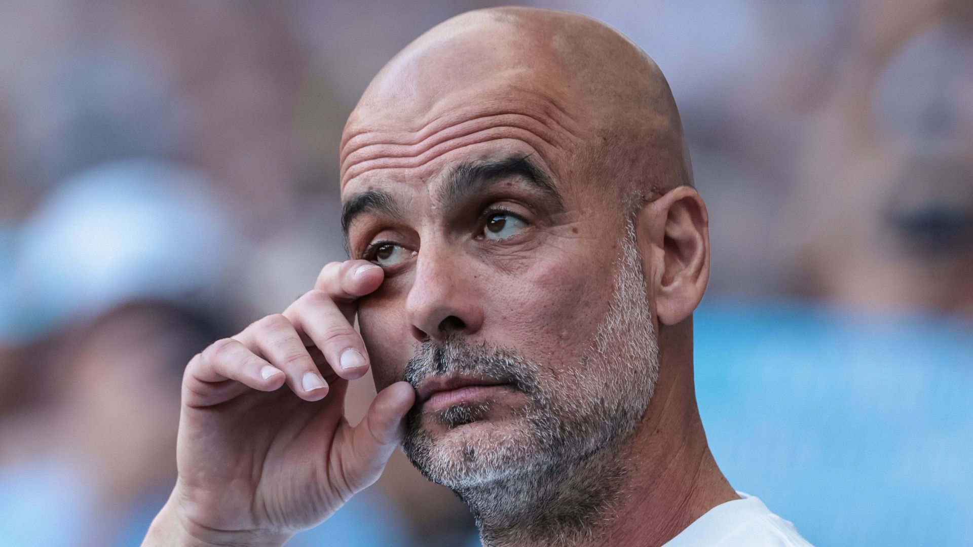 Pep Guardiola emocionado, durante el partido entre el Manchester City y el Aston Villa en 2026