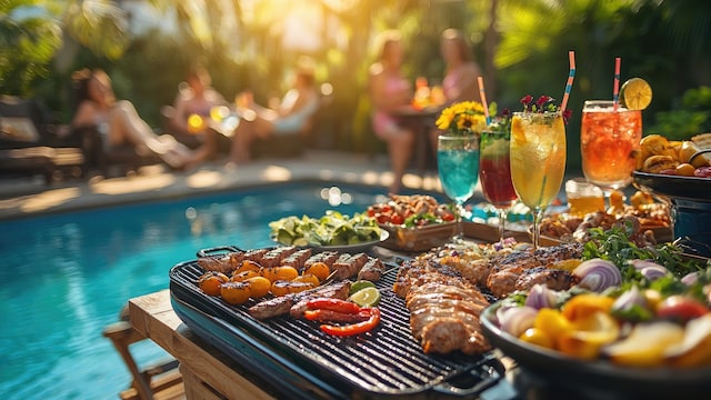 Barbacoa con diferentes alimentos y de fondo la piscina