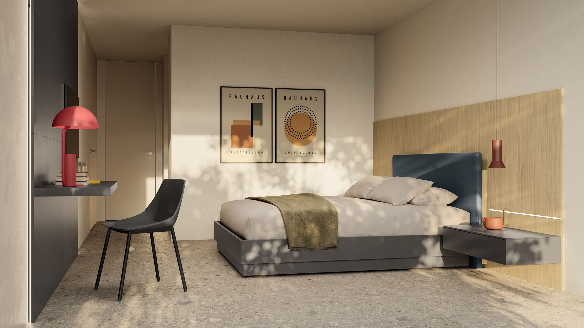 Dormitorio con pared del cabecero de madera, cabecero tapizado, zona de escritorio, silla negra, lámpara de techo 