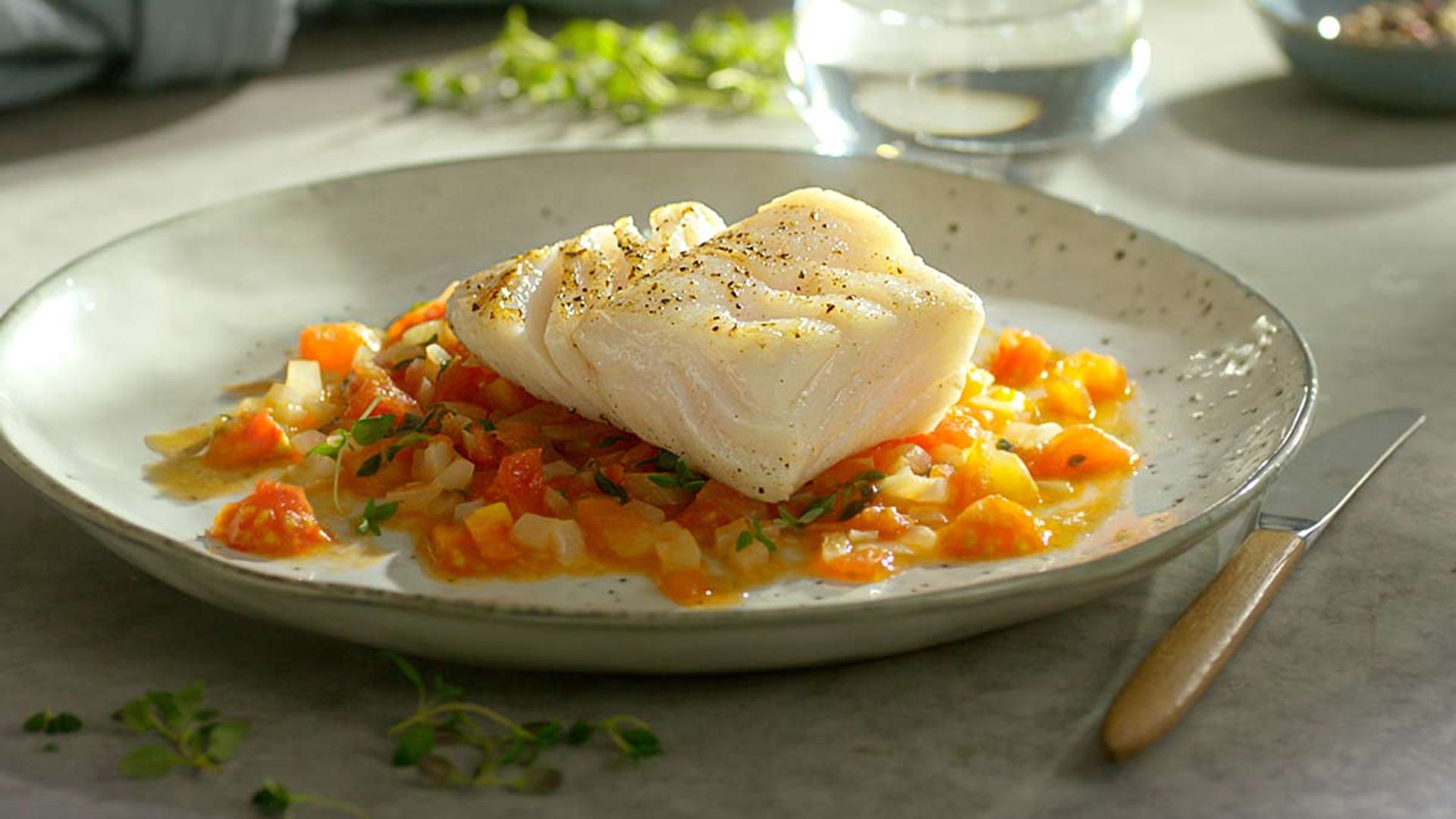 Bacalao fresco en salsa de tomate y cebolla con tomillo