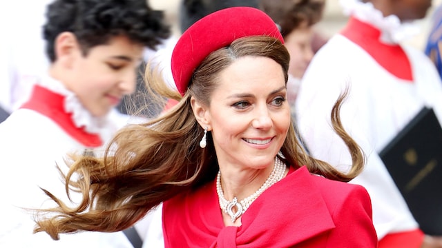 LONDON, ENGLAND - MARCH 10: Catherine, Princess of Wales smiles as she departs the celebrations for Commonwealth Day at Westminster Abbey on March 10, 2025 in London, England. (Photo by Chris Jackson/Getty Images)