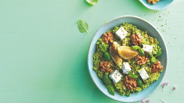 falso arroz brocoli queso feta nueces higos