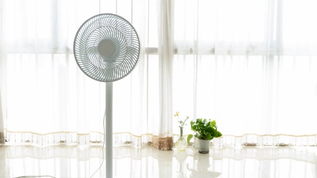 Un ventilador de pie blanco