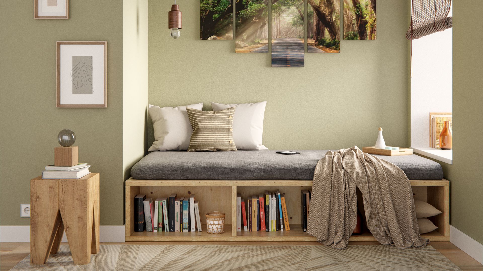 Dormitorio con paredes verdes, estor, cama con estantería, mesita de noche, cuadro, lámpara de techo