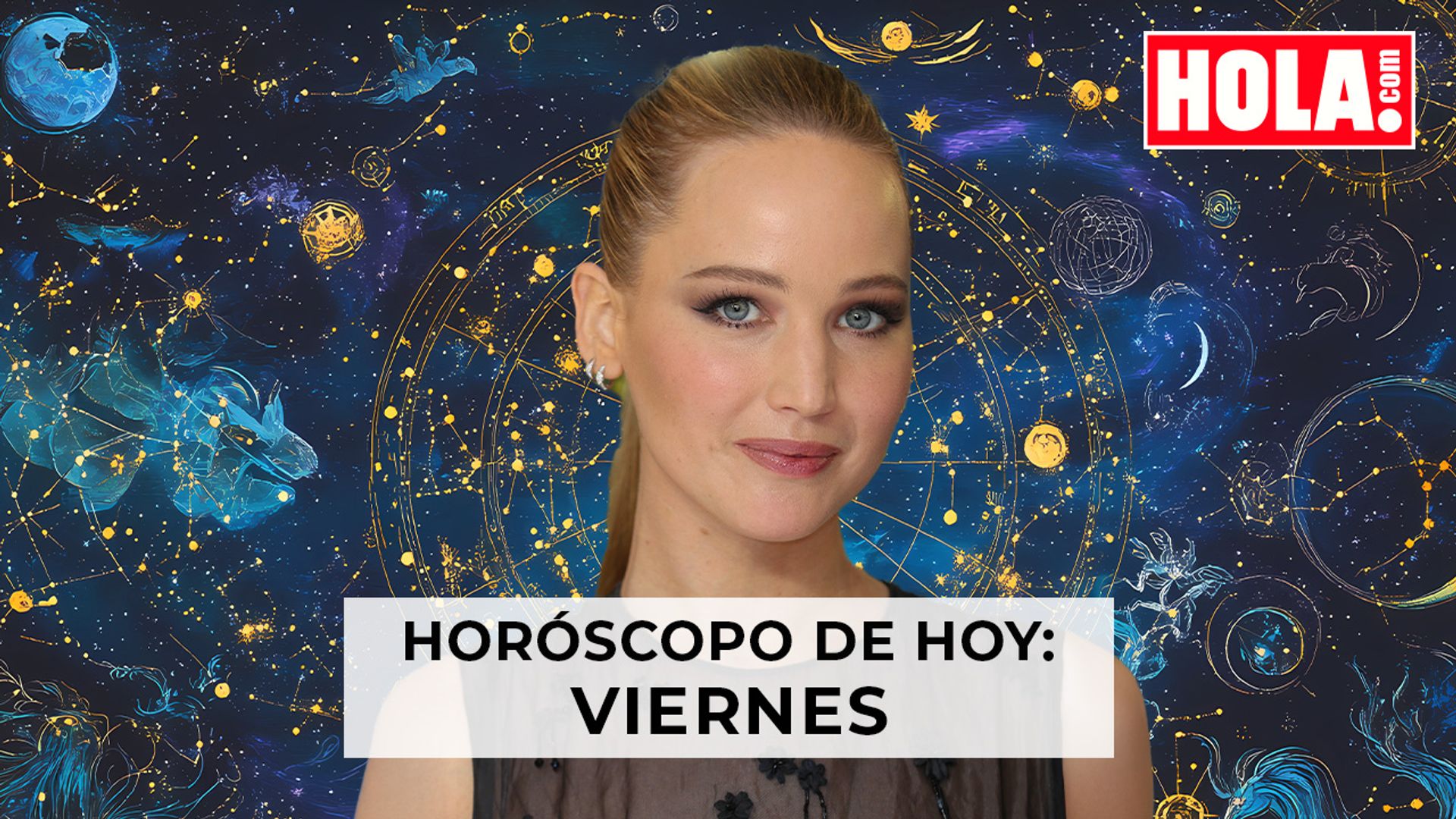 Jennifer Lawrence con la rueda del horóscopo detrás 