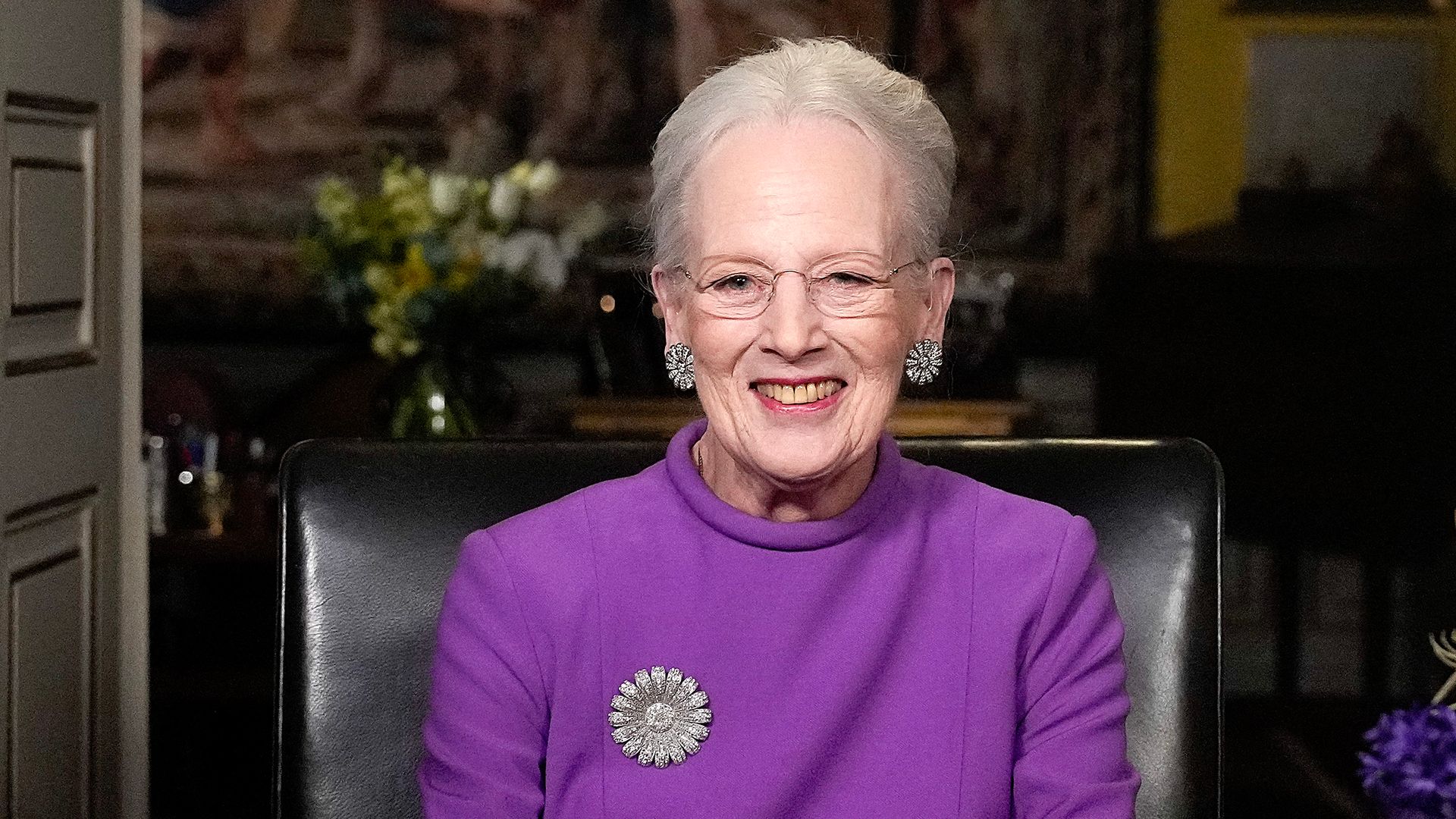 Queen Margrethe II of Denmark gives a New Year's speech from Christian IX's Palace, Amalienborg Castle, in Copenhagen, Denmark, on December 31, 2023, announcing her upcoming abdication. Denmark's Queen Margrethe II announced in her traditional New Year's address that she would be abdicating on January 14, 2024 after 52 years on the throne. (Photo by Keld Navntoft / Ritzau Scanpix / AFP via Getty Images) / Denmark OUT