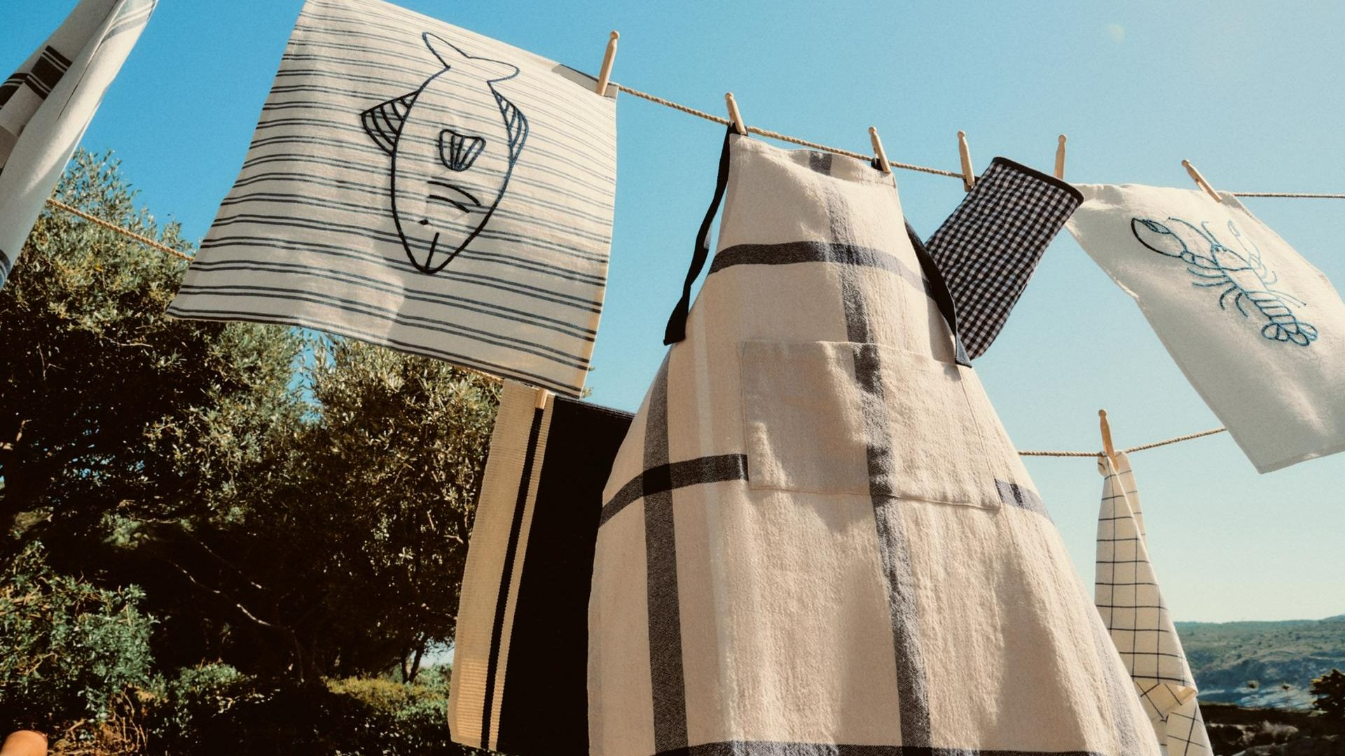 Cuerda de tender en el jardín con delantales y trapos de cocina 