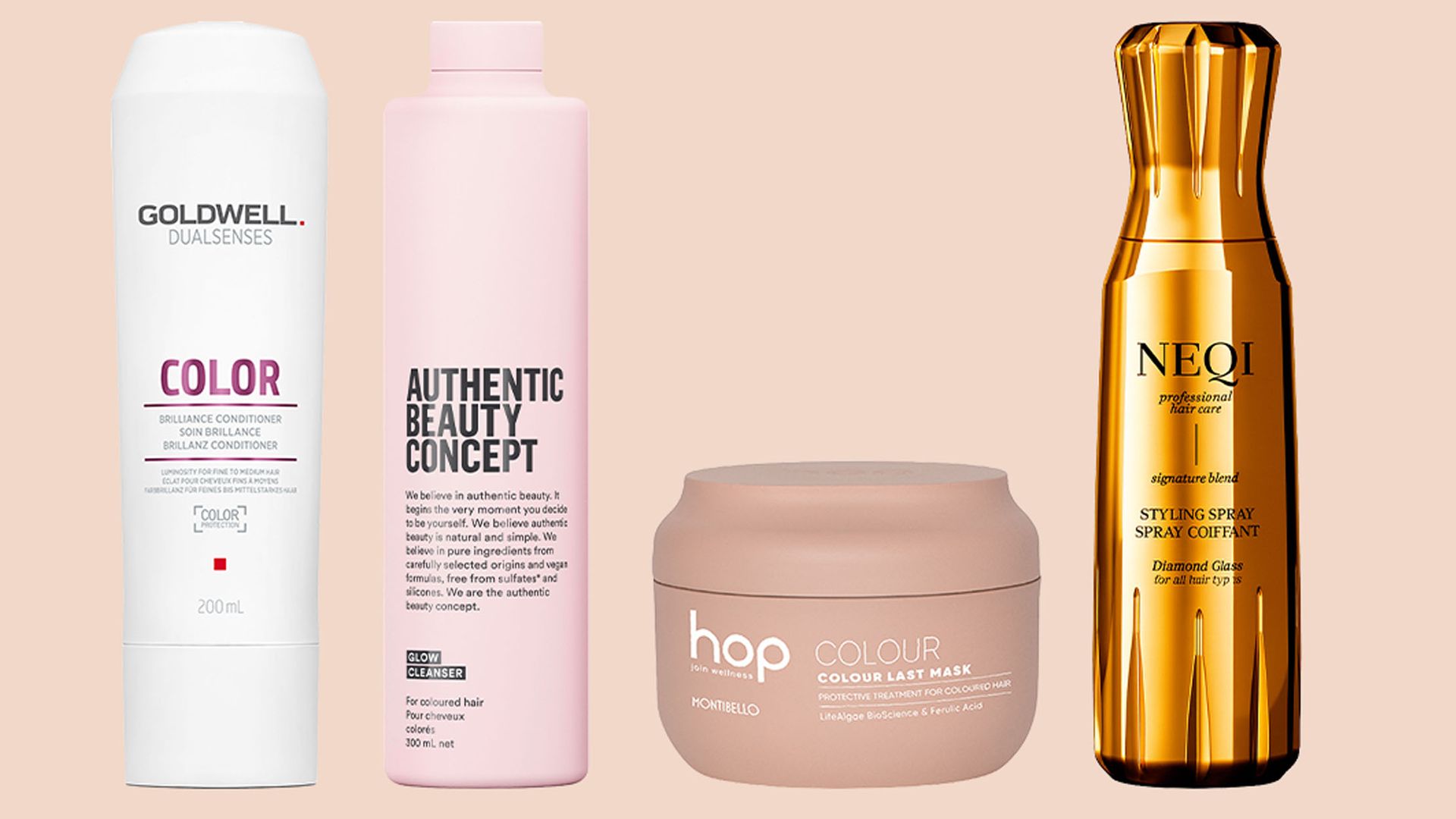 De izqda. a dcha. Desenredante: Dualsenses Color Brilliance Conditioner (25,75 €), de Goldwell. / Sin sulfatos ni siliconas: champú Glow para pelo teñido (30,20 €), de Authentic Beauty Concept. / Mascarilla protectora: Hop Colour Last Mask (22,80 €), de Montibello. / Peinado brillante: spray moldeador Diamond Glass (9,95 €), de Neqi.