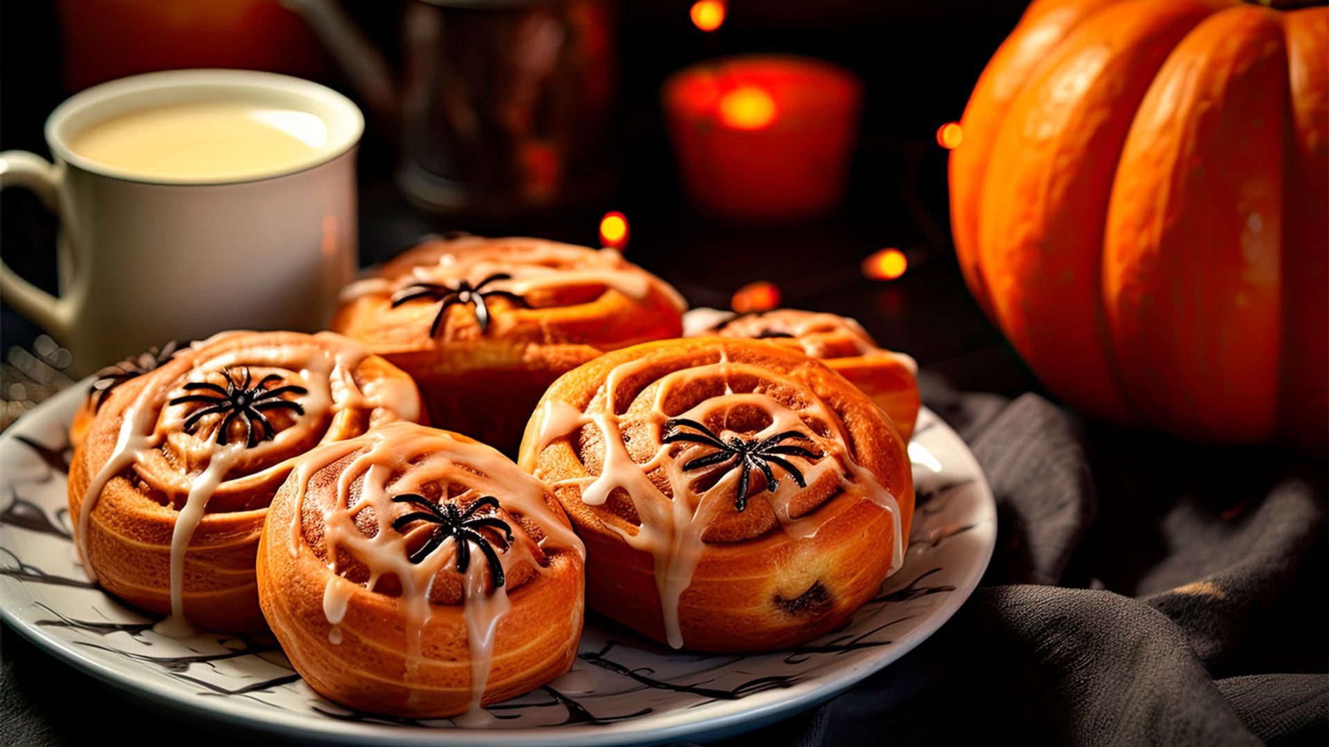 'Cinnamon rolls' glaseados con dulce de leche y arañitas de regaliz