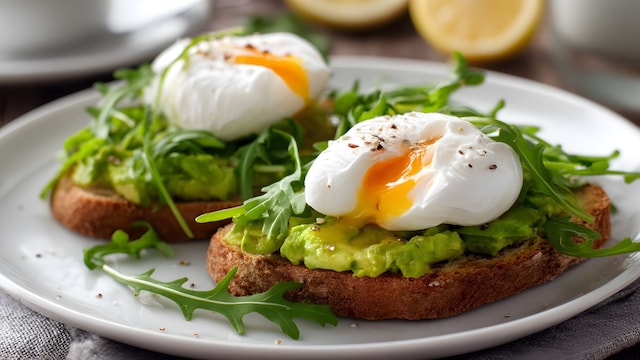 Desayuno de tostas con aguacate, huevo poché y rúcula. 