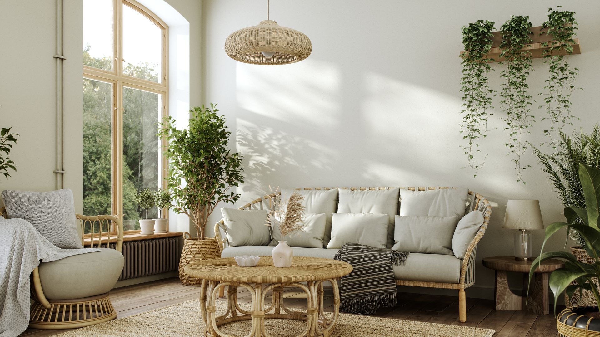 Salón escandinavo de estilo bohemio decorado con colores neutros y maderas.