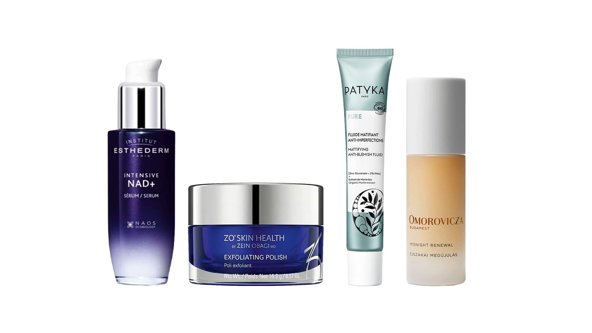 Luminosidad y poros reducidos: NAD+ Serum (54,90 €), de Institut Esthederm. Paté exfoliante: Exfoliating Polish (80 €), de Zo Skin Health. Tratamiento alisador secante: Fluido Matificante Anti Imperfecciones (26,90 €), de Patyka. Tónico exfoliante: Acid Milk (99 €), de Omorovicza
