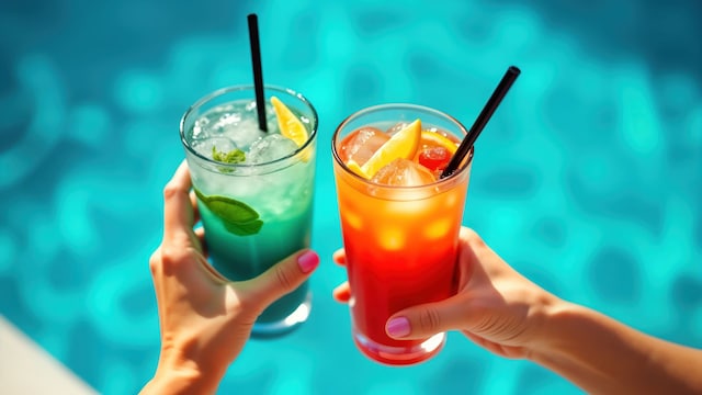 Brindis con cócteles y de fondo el agua de una piscina