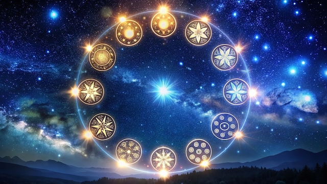 Imágenes prediseñadas de los doce meses del año, signos festivos del zodíaco, calendario celestial