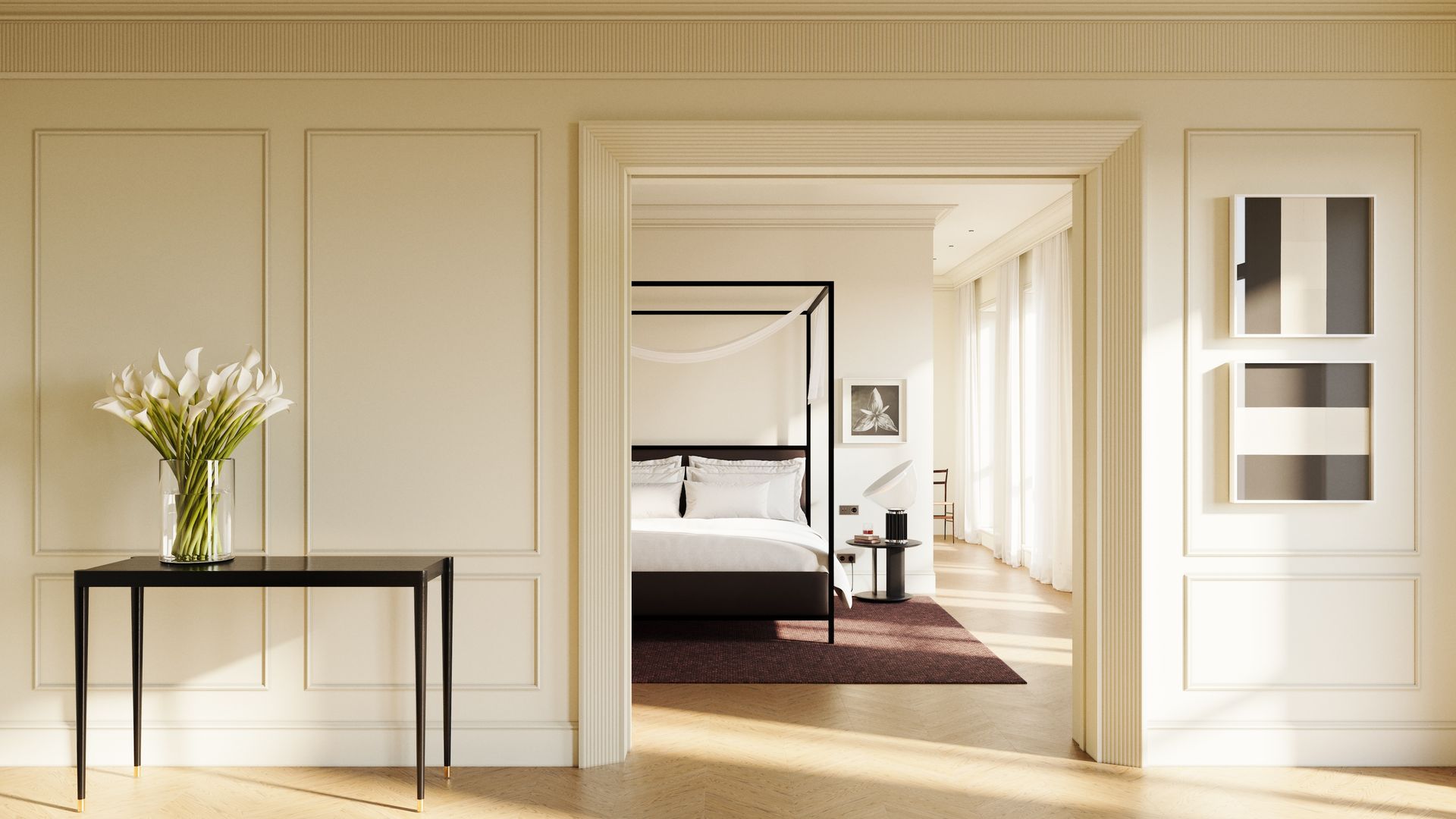 Entrada al dormitorio con cama con dosel, panales decorativos en la pared con molduras de color blanco, alfombra marrón, molduras en el techo 