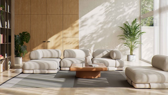 Salón moderno con sofás blancos, estantería, grandes ventanales, puerta de madera, plantas, alfombra gris