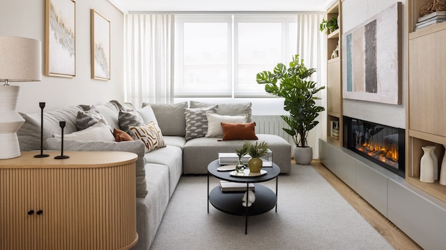Salón con chimenea y mueble principal empotrado