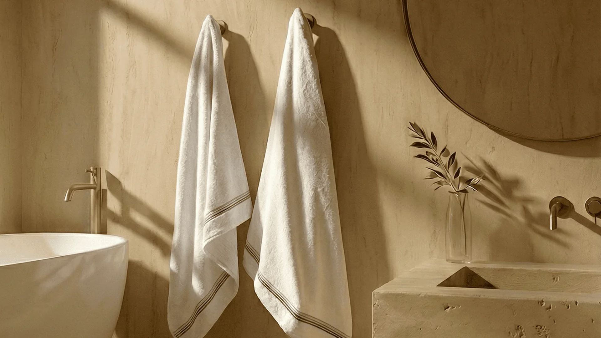 Baño con toallas blancas colgadas en la pared, espejo redondo