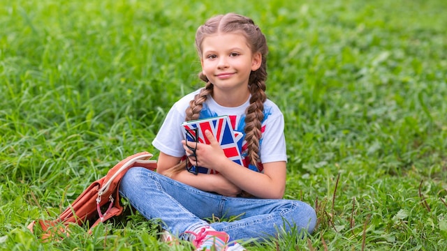 Niña con libreta y camiseta con la bandera inglesa