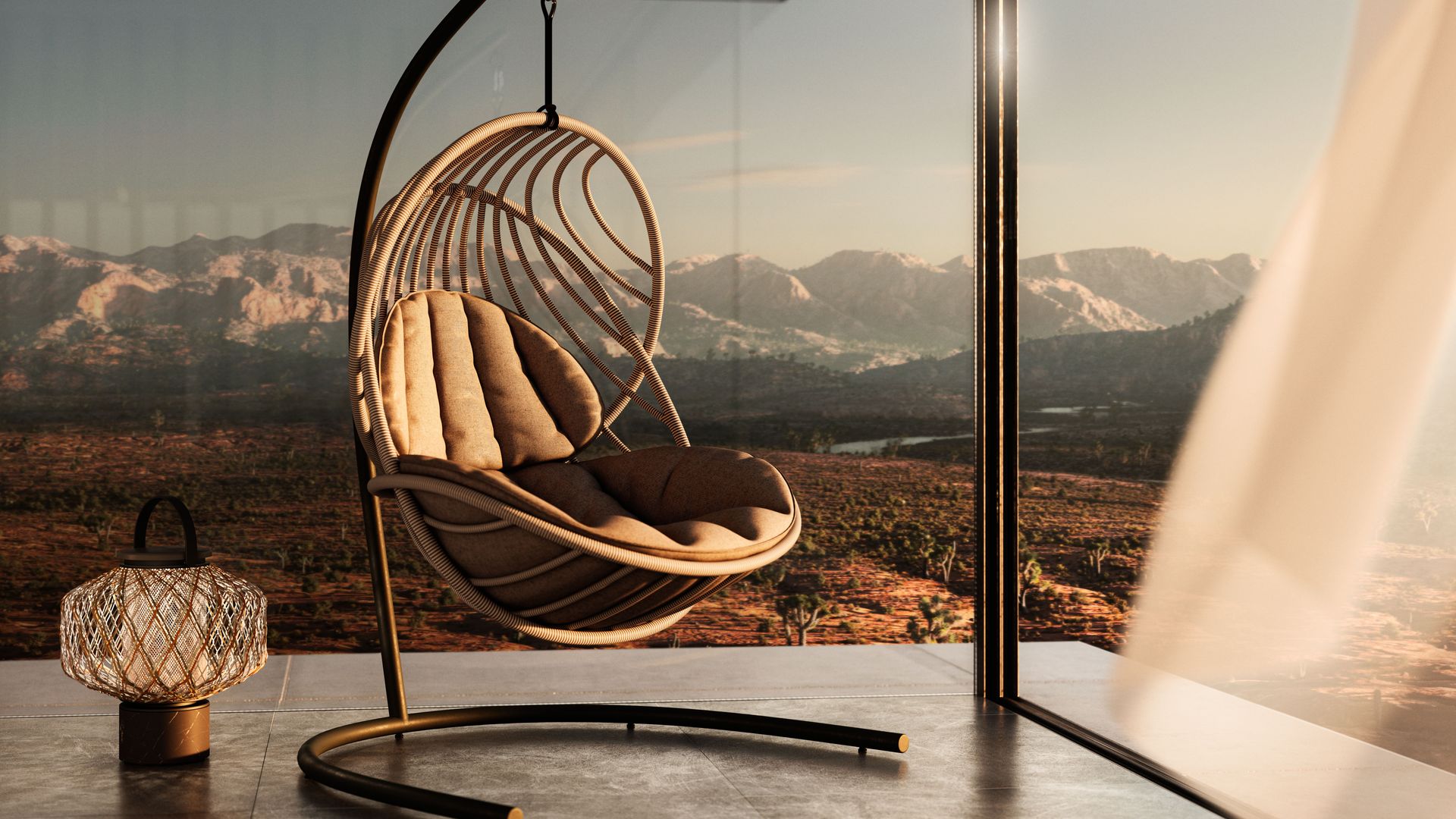 Sillón colgante con pie junto a una cristalera 