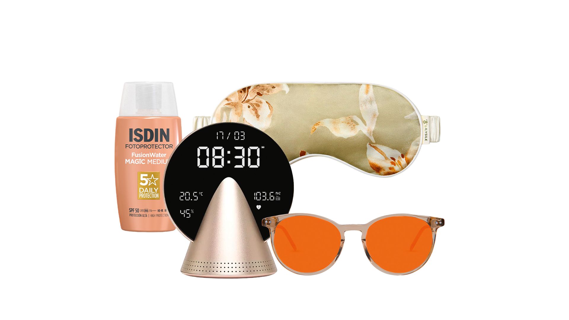 FOTOProteCTOR ligero con color Fusion Water Magic Medium SPF 50 (25 €), de Isdin. DESPERTADOR con efecto de luz natural (99 €), de Lexon. antifaz de seda (44 €), de Lily Silky. gafas con cristales rojos para emular la luz del atardecer (95 €), de Apricotte