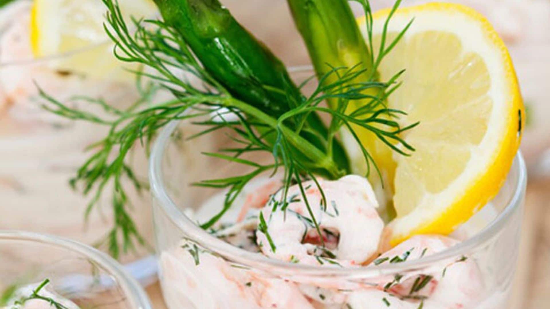 Cóctel de gambas con trigueros y mayonesa de eneldo