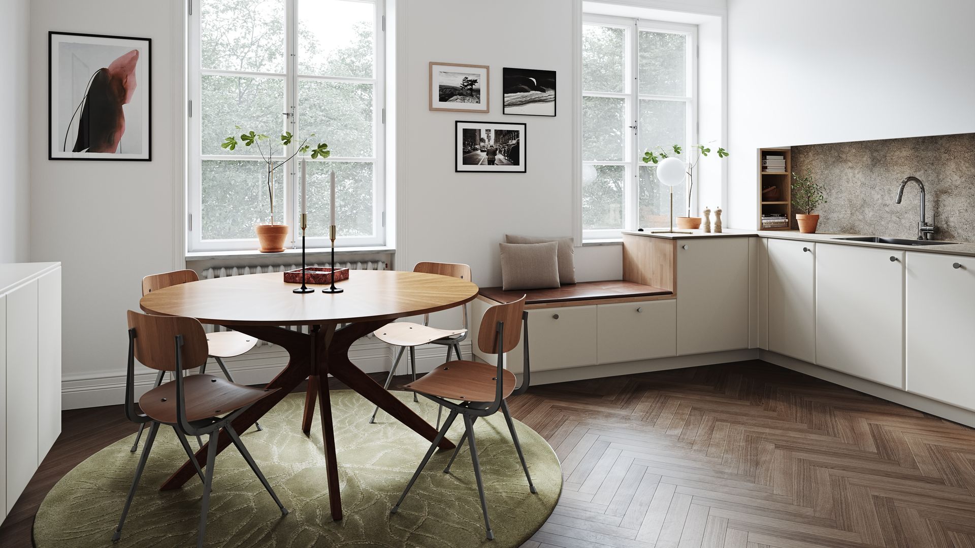 Cocina con office con mesa redonda, alfombra, redonda bajo la mesa, banco de madera bajo la ventana, cocina blanca, suelo de madera 