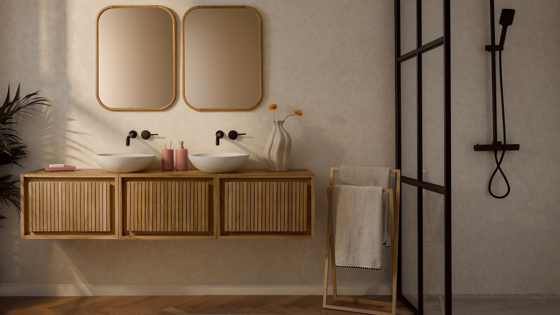 Baños on ducha, grifería negra, mueble de madera suspendido, dos espejos, toallero de madera en el suelo 