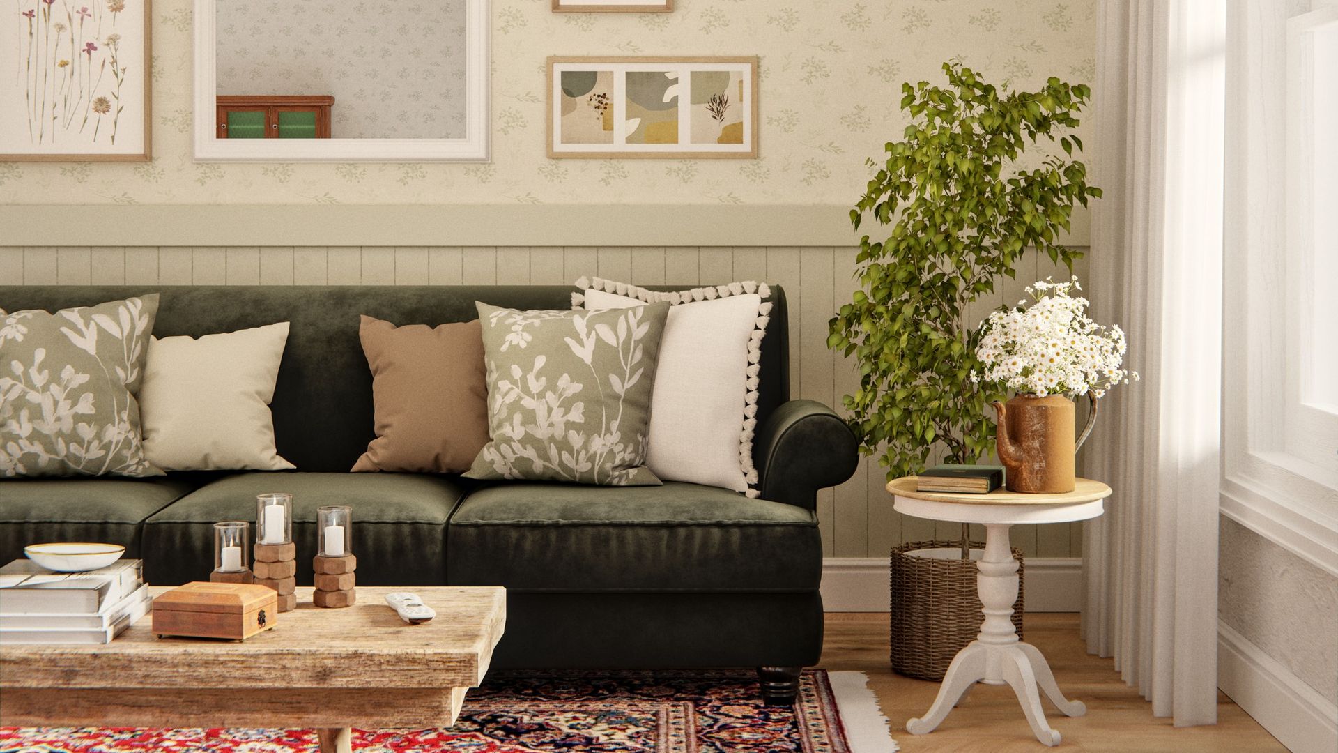 Salón acogedor en tonos verdes, blancos y 'beige' con mucha madera de Leroy Merlin.