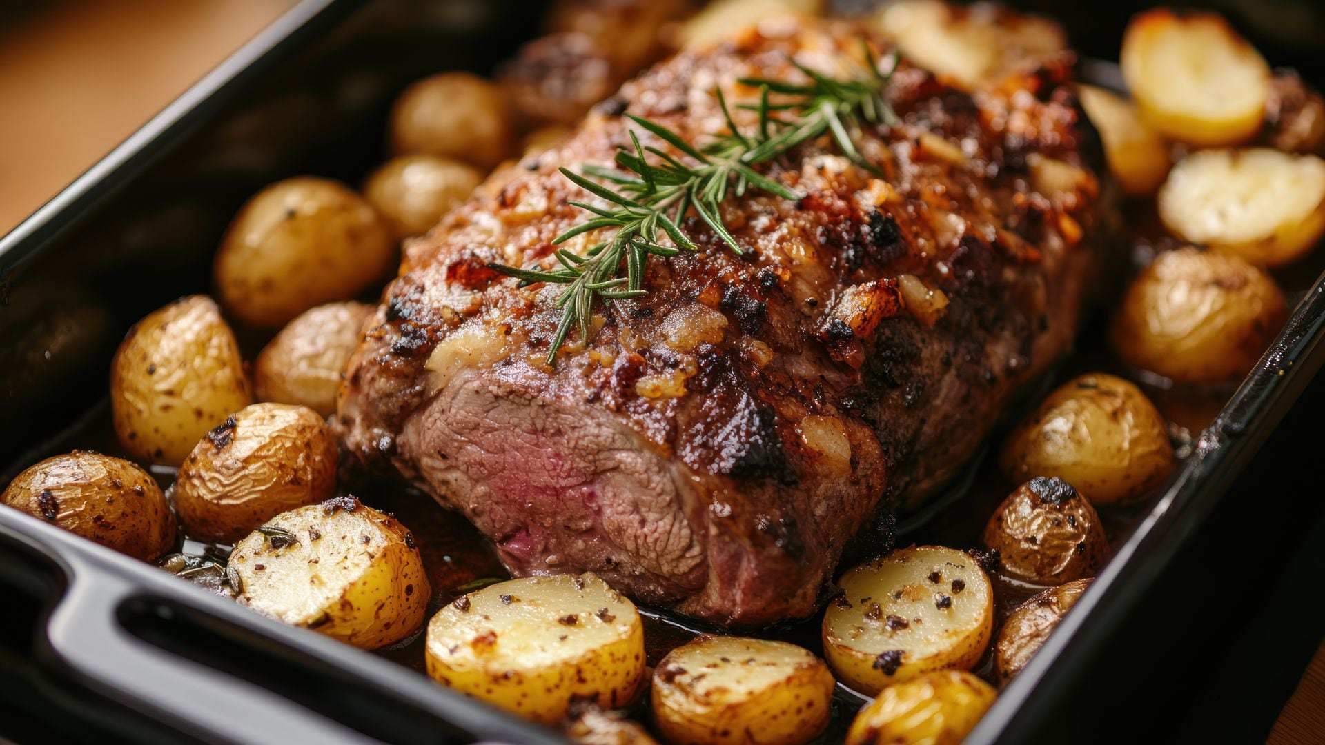 Pieza de carne asada con patatas.