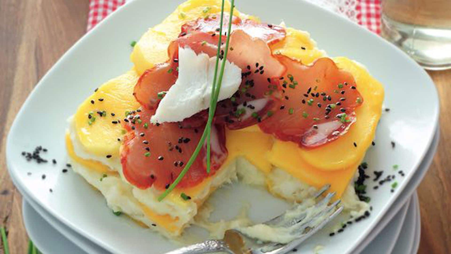 Lasaña fría de bacalao y mango