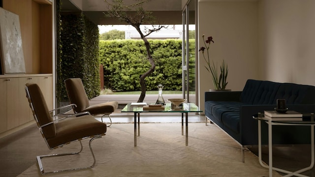 Salón con salida al jardín con sofás y sillas metalizadas, mesa de centro de metal y sobre de cristal, alfombra y aparador de madera
