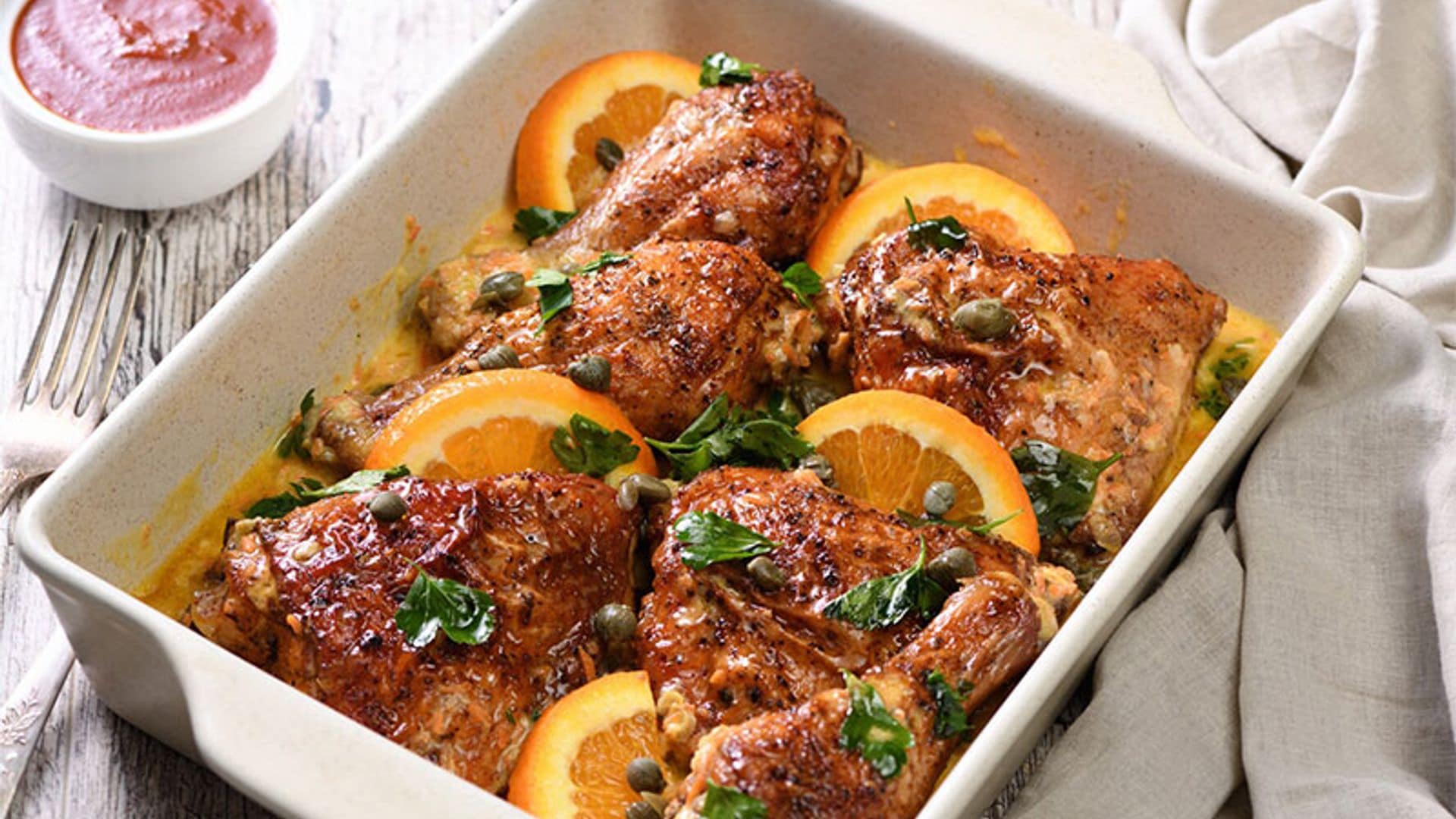 Pollo en salsa cremosa de naranja y cilantro