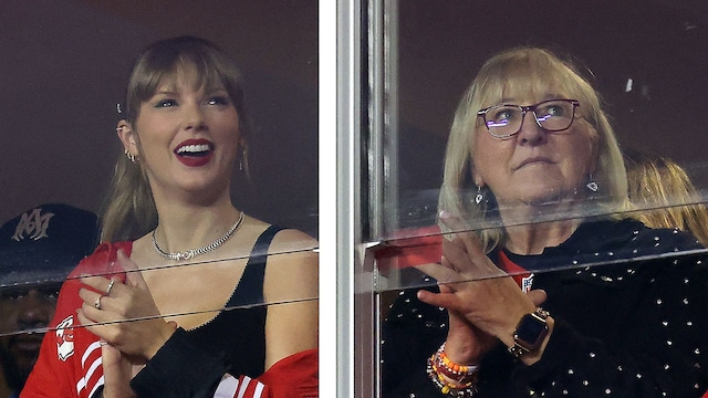KANSAS CITY, MISSOURI - OCTOBER 12:  Taylor Swift and Donna Kelce cheer before the game between the Kansas City Chiefs and the Denver Broncos at GEHA Field at Arrowhead Stadium on October 12, 2023 in Kansas City, Missouri. (Photo by Jamie Squire/Getty Images)