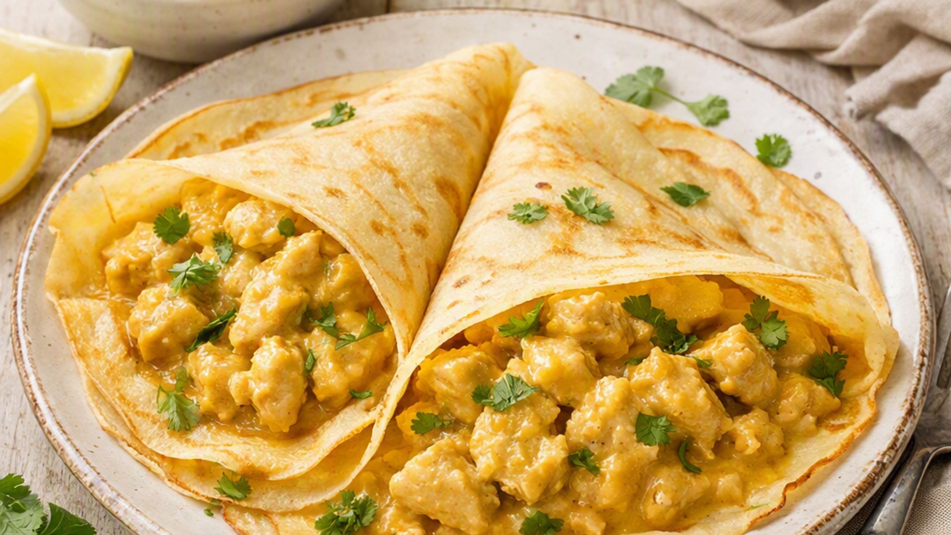 RECETA DEL DÍA. Crepes de pollo al curry aromáticos, jugosos y muy apetecibles